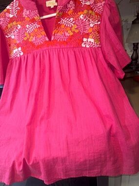 Bright Pink Embroidered V-Neck Peasant Top